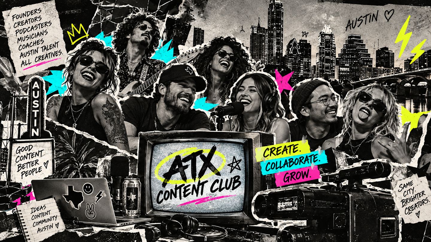 A collage of Austin creatives around a vintage TV reading ATX Content Club